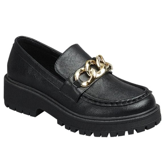 Shoes - New Wide Black Gold Chain Slip On Platform Penny Loafers